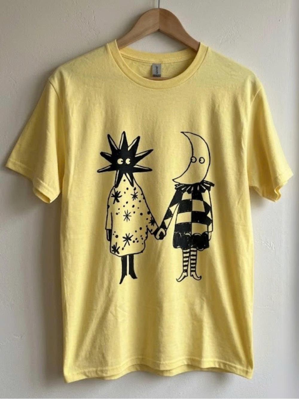 Gildan Yellow Tee with Black Moon & Star Graphic | Unisex Shirt